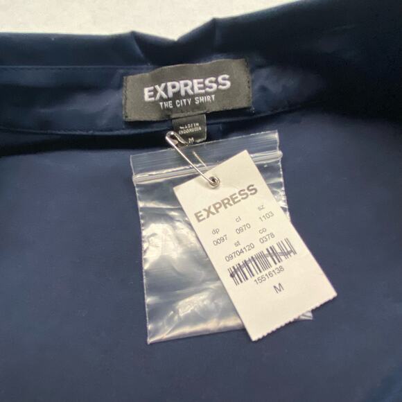 Express Button-Up Cotton Blend Shirt Women M Navy Blue White Embroidered Flowers - Picture 9 of 11